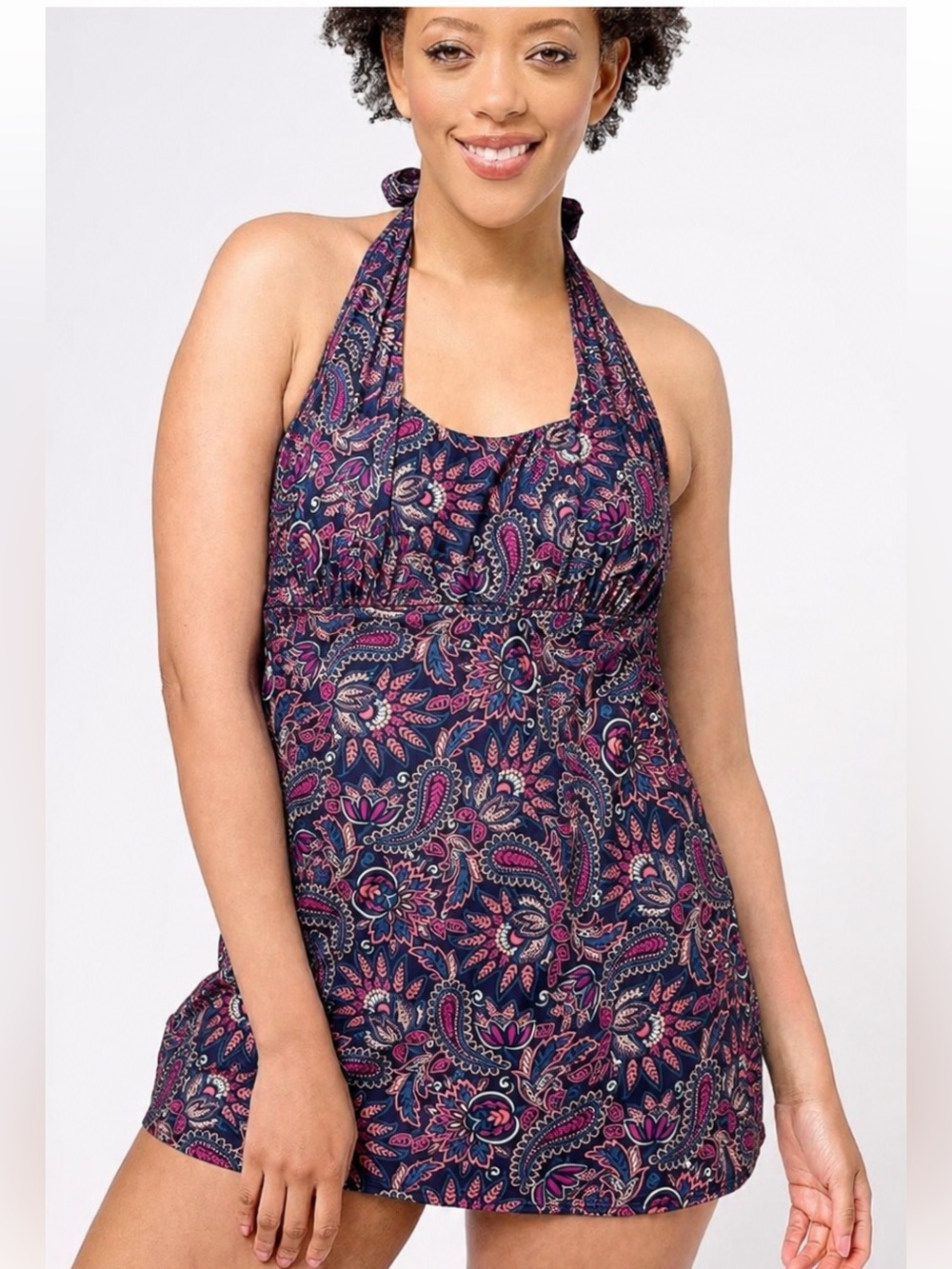 NWT Lands' End Square Neck Halter Swim‎ Dress One-Piece Swimsuit Paisley Large